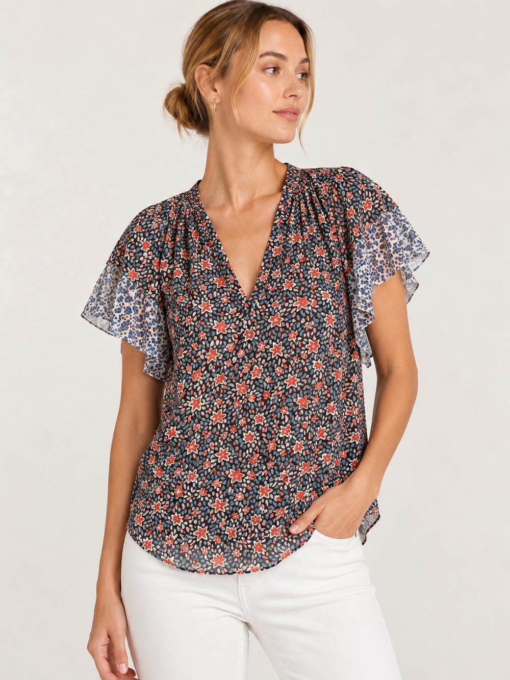 Rebecca Taylor Silk Blend Floral Flutter Sleeve Blouse Black XS